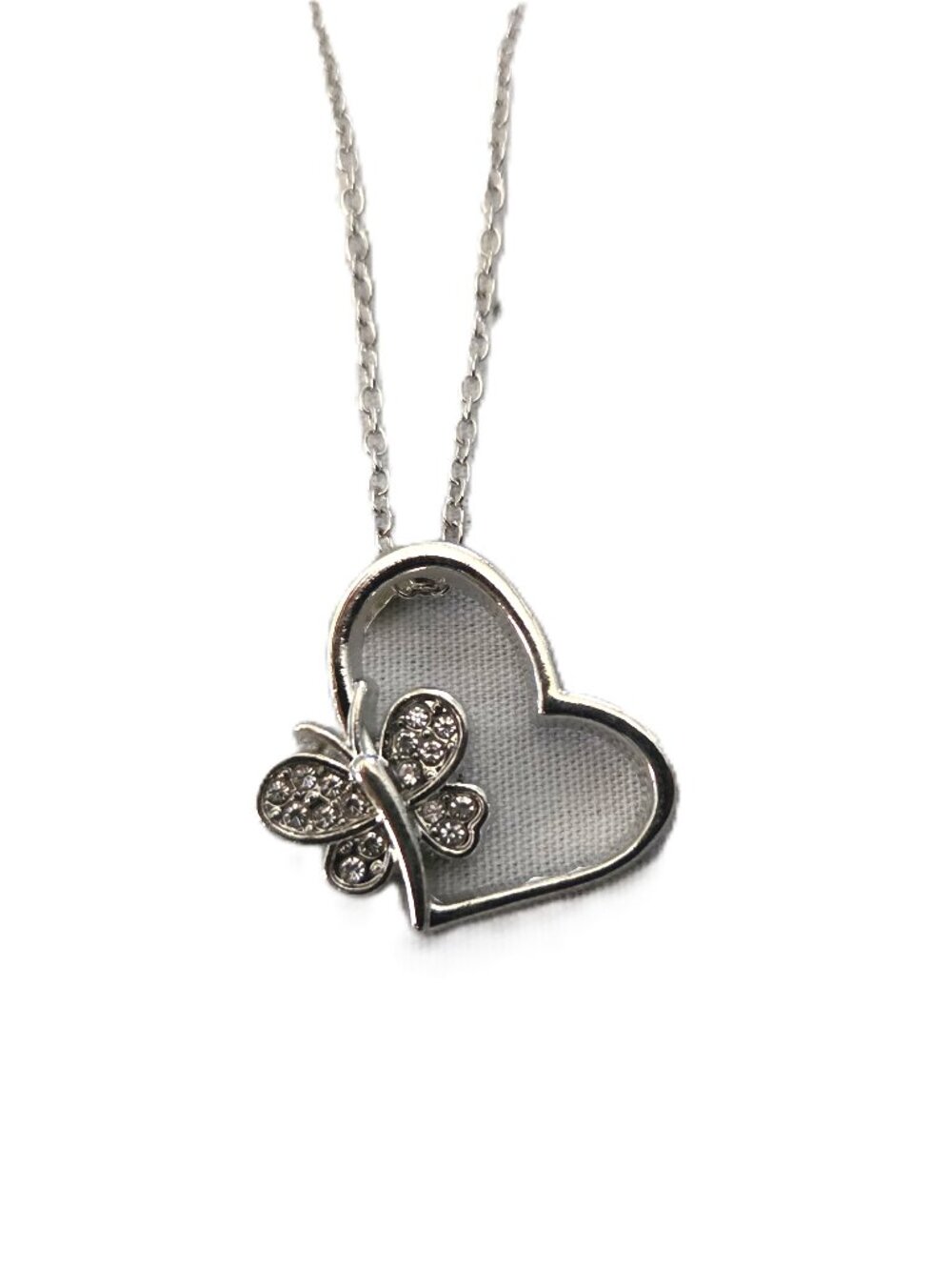 New Silver Tone Necklace 18" Butterfly Heart Love Clear Gem Stone Pendant